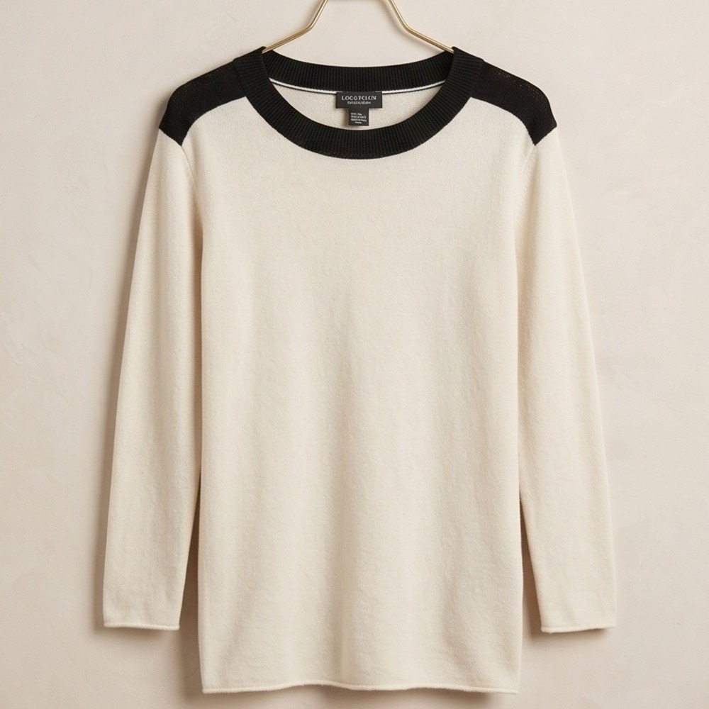 Lord & Taylor M Cashmere Sweater Cream Black Vintage ⁸Small Hole Front*